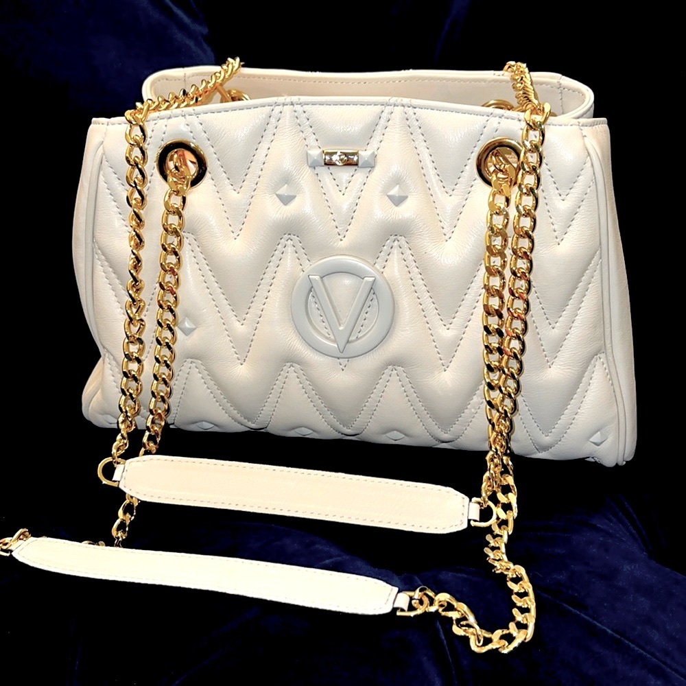 Mario Valentino Off-White Quilted Shoulder Bag with Gold Chain